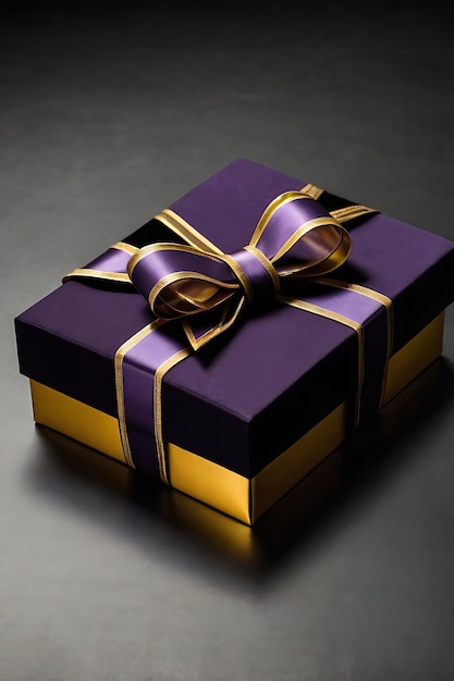 Photo elegant black gift box with gold ribbon bow on dark background for luxury and festive occasions