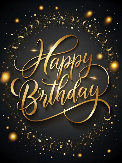 Elegant black and gold background with cursive handwritten Happy Birthday and delicate golden accents