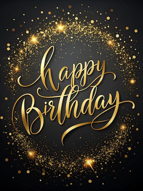 Elegant black and gold background with cursive handwritten Happy Birthday and delicate golden accents