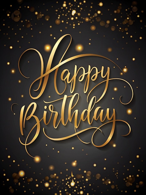 Elegant black and gold background with cursive handwritten Happy Birthday and delicate golden accents