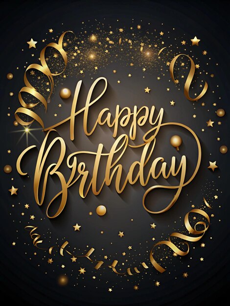 Photo elegant black and gold background with cursive handwritten happy birthday and delicate golden accents