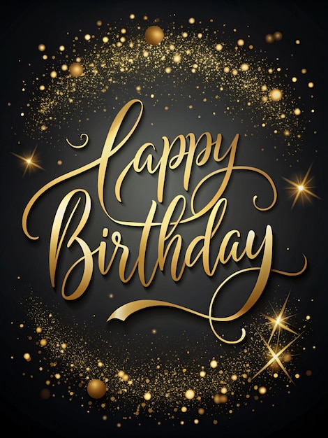 Elegant black and gold background with cursive handwritten Happy Birthday and delicate golden accents