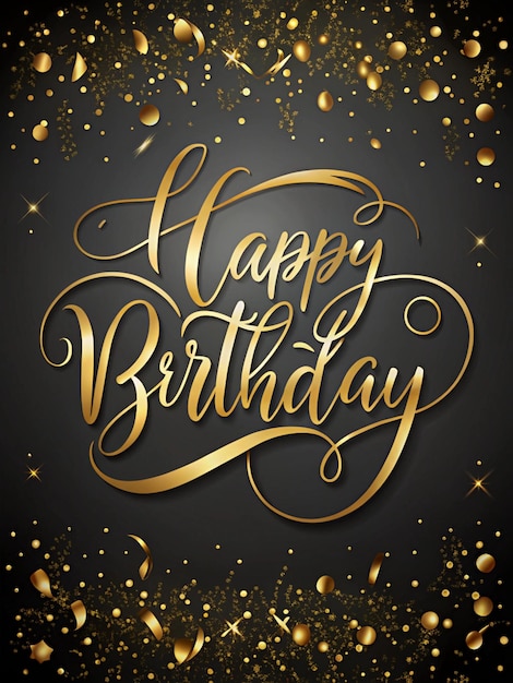 Photo elegant black and gold background with cursive handwritten happy birthday and delicate golden accents