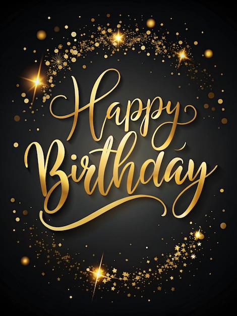 Photo elegant black and gold background with cursive handwritten happy birthday and delicate golden accents