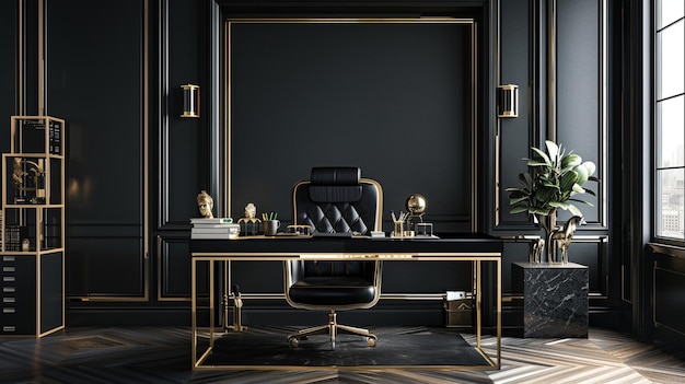 Elegant Black and Gold Home Office Setup with Luxurious Desk and Chair