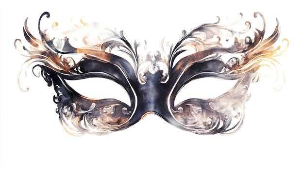 Elegant black and gold masquerade mask with intricate details isolated on a white background