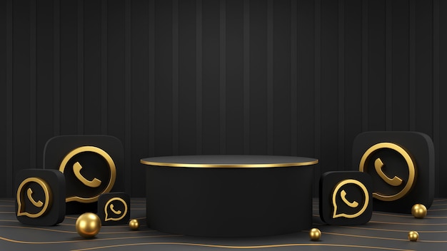 Elegant Black and Gold Podium with WhatsApp Logos 3D render design asset