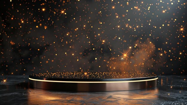 Photo elegant black and gold sparkling background with illuminated platform for product display or event promotion