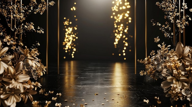 Photo elegant black and gold wedding ceremony backdrop with flowers and lights