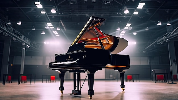 Elegant black grand piano in a large concert hall Generative AI