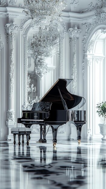 Photo elegant black grand piano in a luxurious white interior