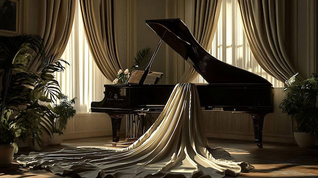 Elegant black grand piano with a white silk cloth draped over it in a luxurious living room