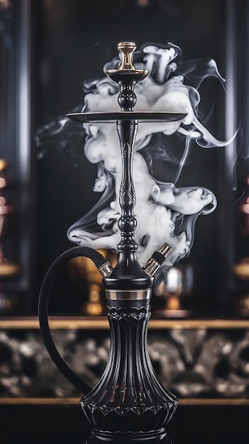 Elegant black hookah with swirling smoke agnst a dark background