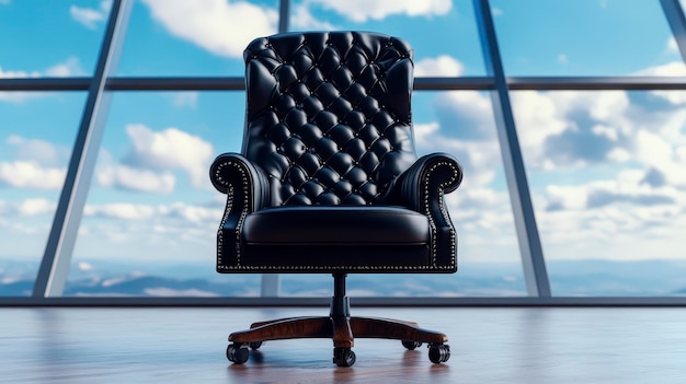 Photo elegant black leather chair in modern office with window view