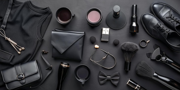 Photo elegant black monochromatic flatlay with clothes accessories and beauty equipment on black background