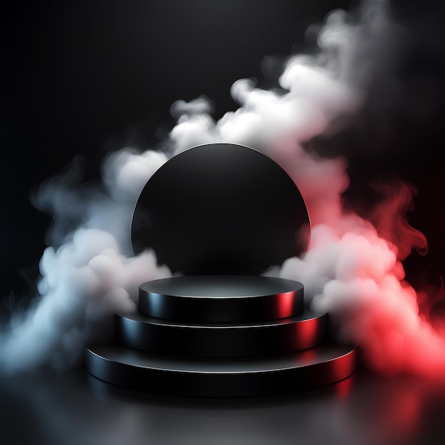 Elegant Black Podium Surrounded by White and Red Lighting and Smoke 3D Render