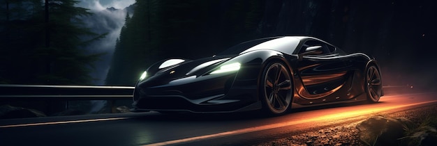 An elegant black sports car speeds down a winding road Generative AI