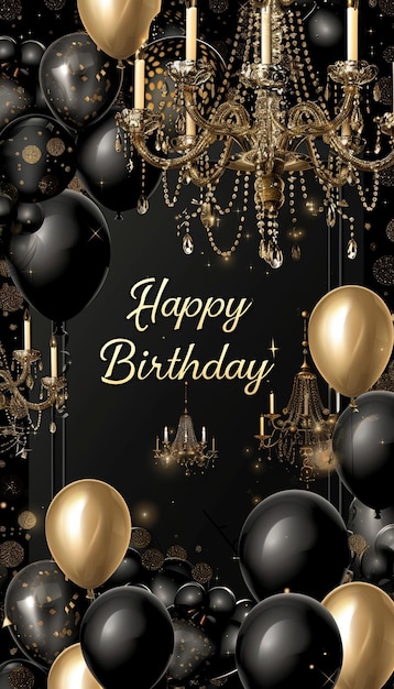 Photo elegant black tie birthday celebration background with gold and black balloons and chandeliers