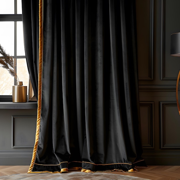 Photo elegant black velvet curtains with gold accents in a luxurious modern living room interior