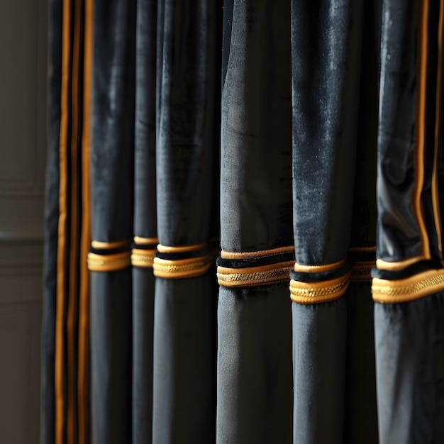 Elegant Black Velvet Curtains with Gold Accents in a Luxurious Modern Living Room Interior