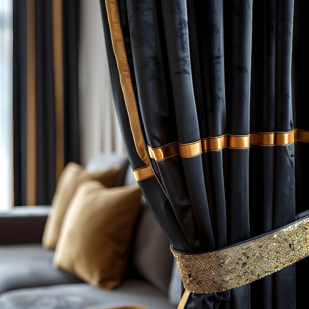 Photo elegant black velvet curtains with gold accents in a luxurious modern living room interior