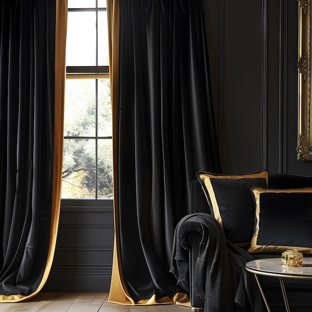 Elegant Black Velvet Curtains with Gold Accents in a Luxurious Modern Living Room Interior