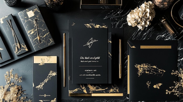 Photo elegant black wedding stationery with gold accents