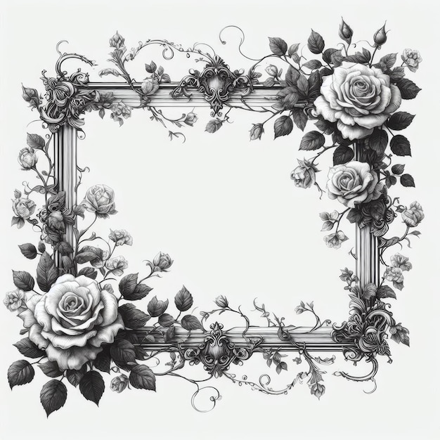 Elegant black and white floral frame design featuring detailed roses and vines