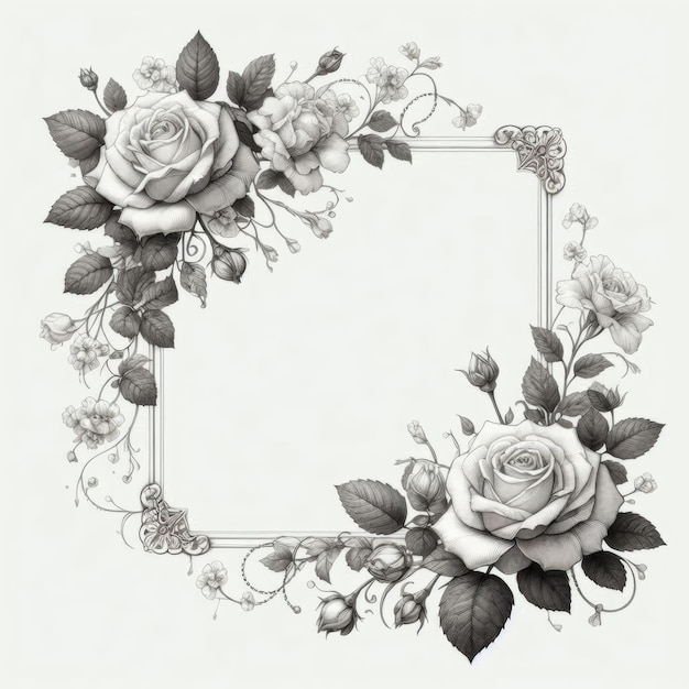 Elegant black and white floral frame design featuring roses and delicate vines