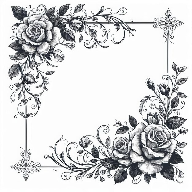 Elegant black and white floral frame with intricate roses and swirls