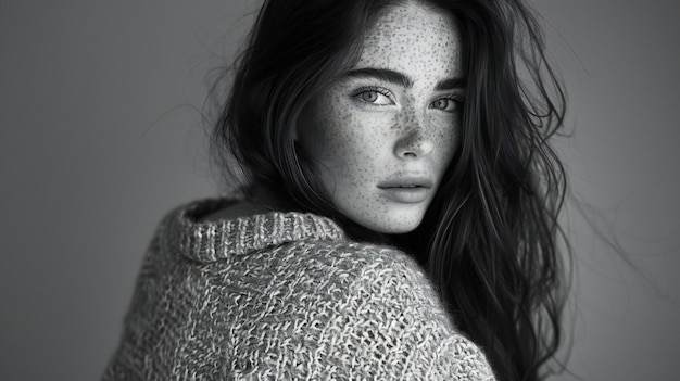 Elegant black and white portrait of an extremely beautiful woman with long hair wearing a sweater