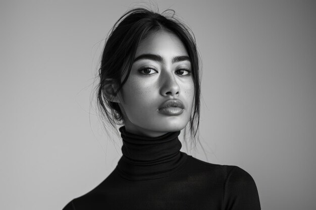 Elegant black and white portrait of a woman with Fujifilm camera