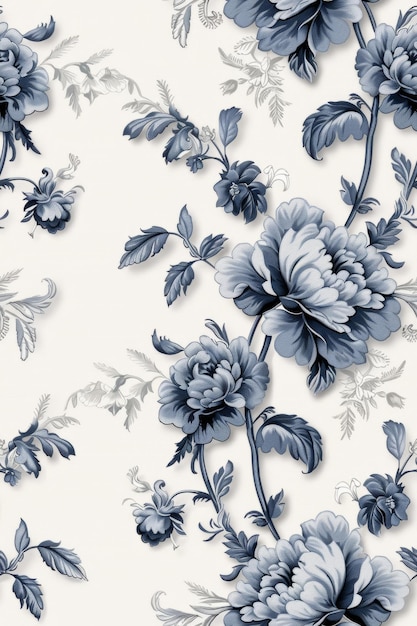 Elegant Black and White Toile de Jouy Floral Pattern on White Background