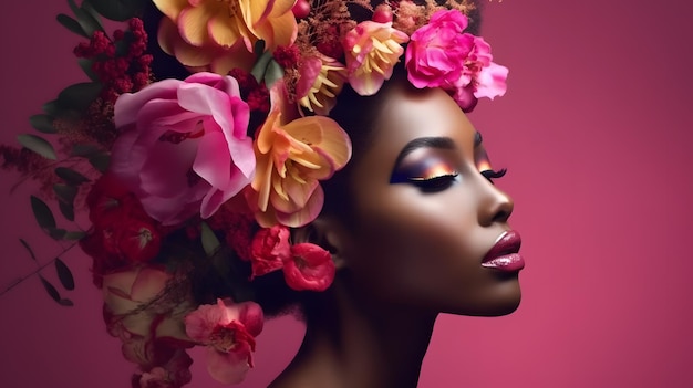 Elegant black woman face bright golden makeup with gentle pink yellow flowers wreath posing at studio illustration Generative Ai