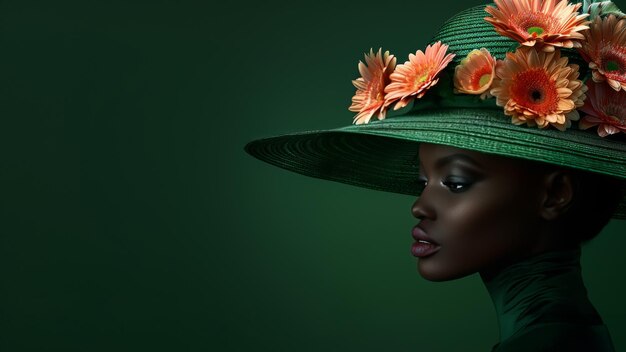 Elegant black woman wearing a stylish green hat with orange flowers