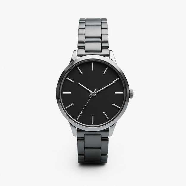 Elegant black wristwatch on white background