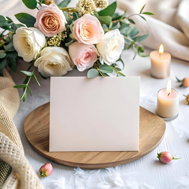 Photo elegant blank card mockup with a delicate floral arrangement and soft lighting