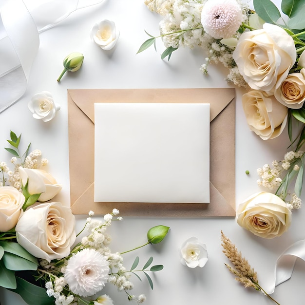 Elegant blank card mockup with delicate white and cream roses greenery and a brown envelope on a white background