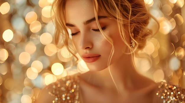 Elegant blond woman in gold dress with eyes closed against glittery background exuding luxury Concept Fashion Photography Elegant Style Luxury Lifestyle Glamour Portrait Glittery Background