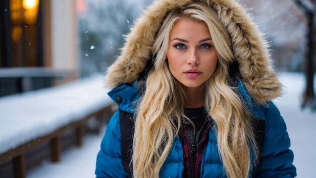 Elegant Blonde Lady in Blue Coat Poses in Snowy Setting