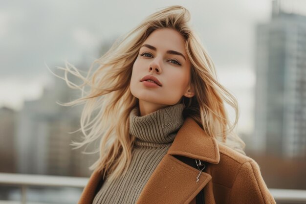 Elegant blonde woman in autumn cityscape