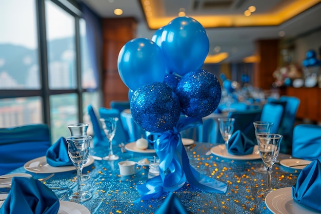 Elegant Blue Balloon Centerpiece at Festive Event Table Setting with Mountain View