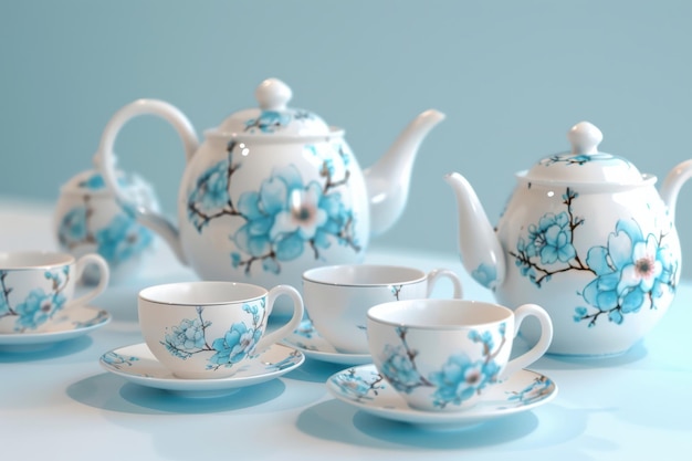 Photo elegant blue floral tea set arranged on a soft background