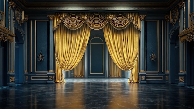 Elegant blue and gold interior with golden curtains and marble floor