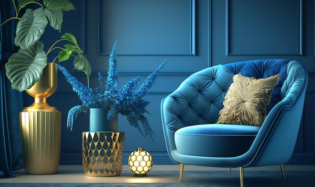 Elegant blue living room showcasing a cozy luxury armchair inviting space for unwinding and lounging