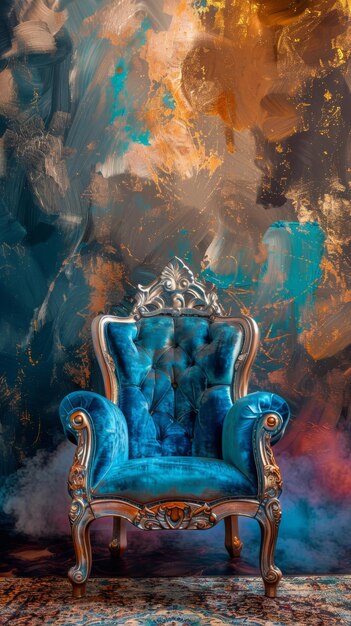 Elegant blue velvet armchair with ornate details against abstract background interior decor concept