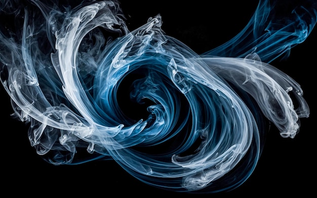 Elegant Blue and White Smoke Swirls on Black Background