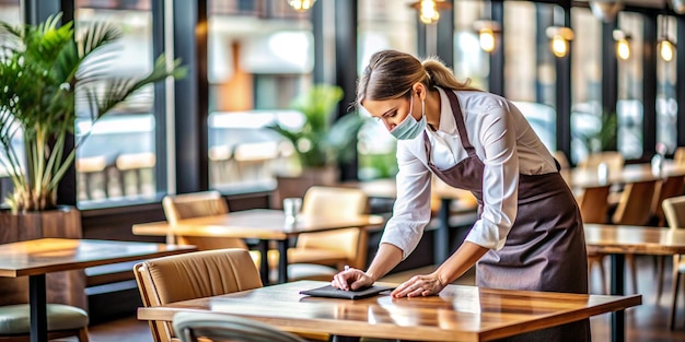 Photo elegant blurred effect with copy space by caucasian waitress cleaning table at restaurant