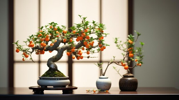 Elegant Bonsai Display with Vibrant Orange Floral Blossoms