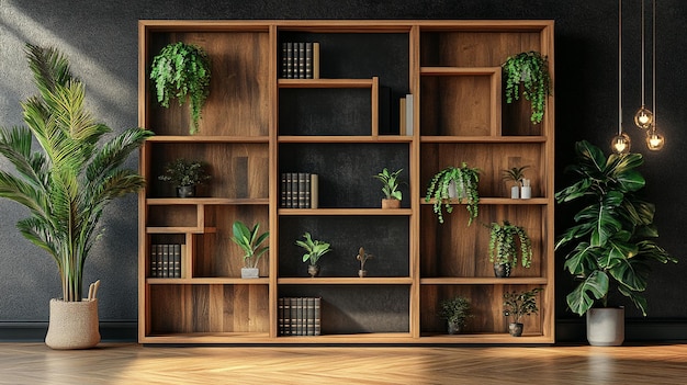 Photo elegant bookcase with plant and wooden figurines perfect for home office or library decor